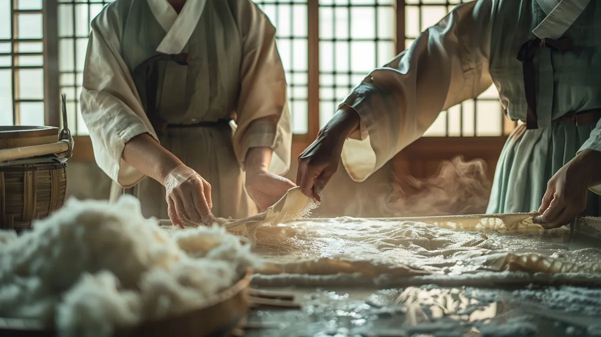 두 명의 한지 장인이 젖은 백지를 함께 들어올리는 모습 - 백지장도 맞들면 낫다 속담의 유래