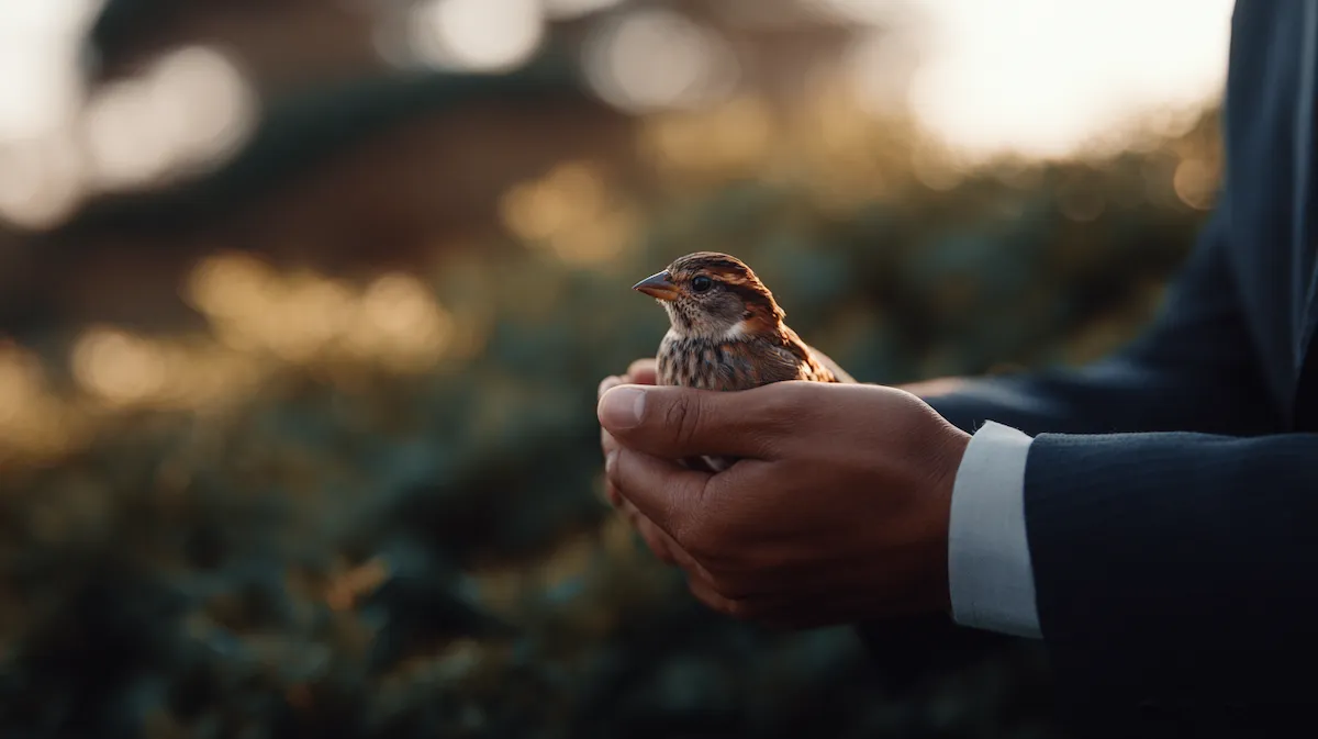 손안의 새를 들고 있는 비즈니스맨, 확실한 선택과 불확실한 기회 사이의 의사결정을 상징하는 이미지