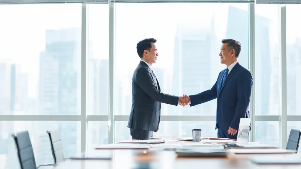 계약 체결을 위해 악수하는 비즈니스 전문가들, 확실한 거래 조건 합의를 나타내는 상황