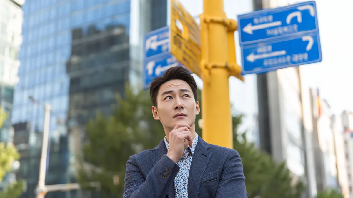 갈림길에서 고민하는 직장인의 모습, 계륵의 진퇴양난 상황을 표현