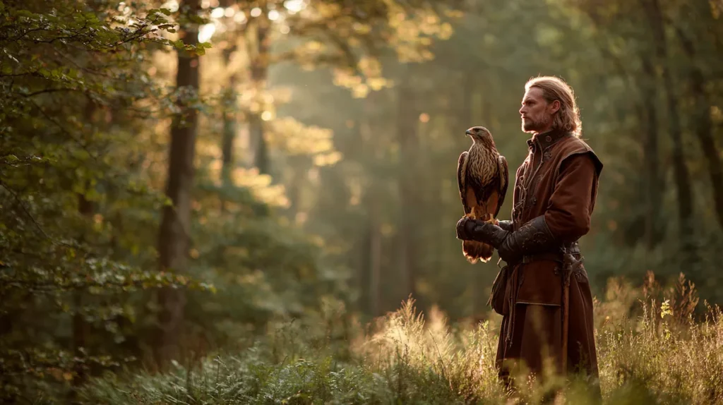 중세 유럽의 매 사냥꾼이 훈련된 매를 팔 위에 올려놓고 있는 모습, 속담의 역사적 유래를 보여주는 장면