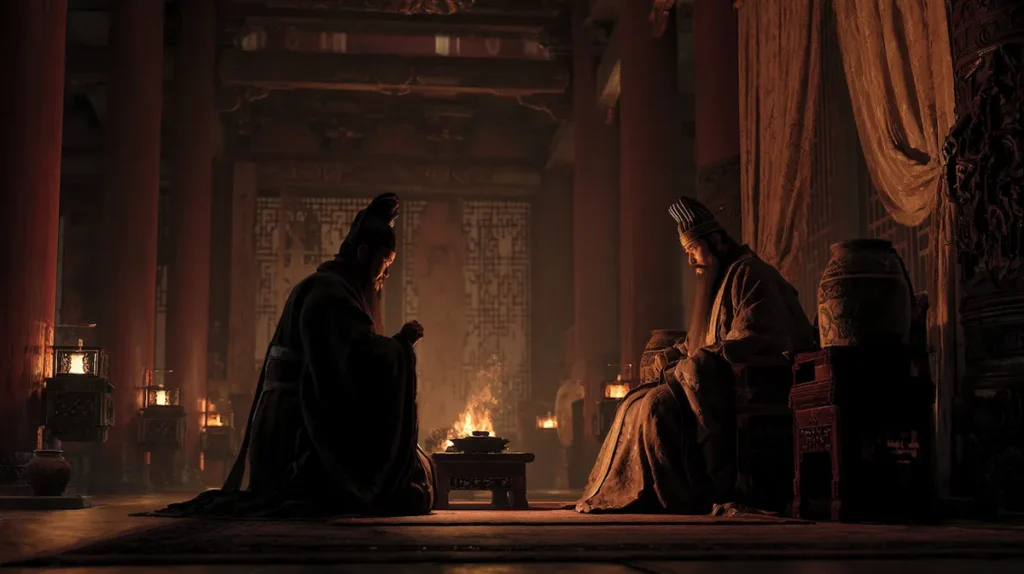 맹자가 양혜왕에게 오십보백보의 비유를 설명하는 궁전 내부 장면