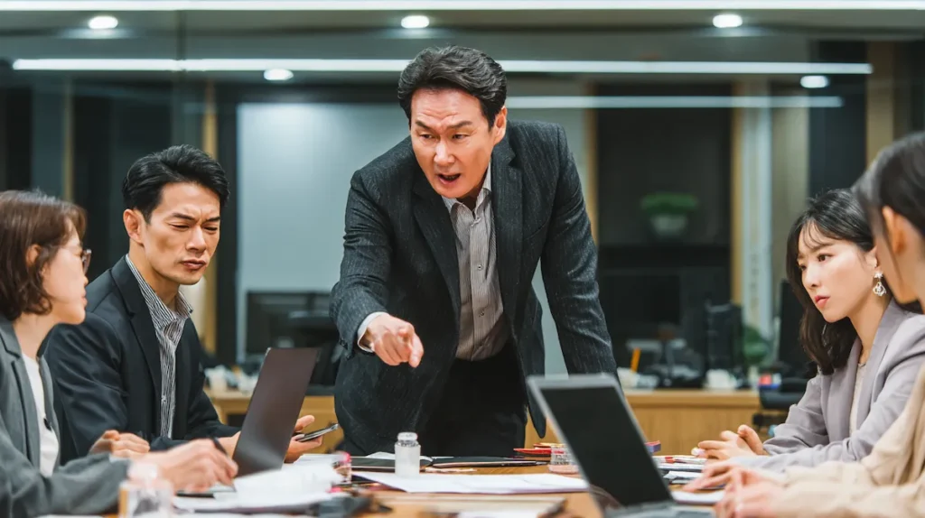 현대 직장에서 오십보백보 상황이 나타나는 회의실 장면