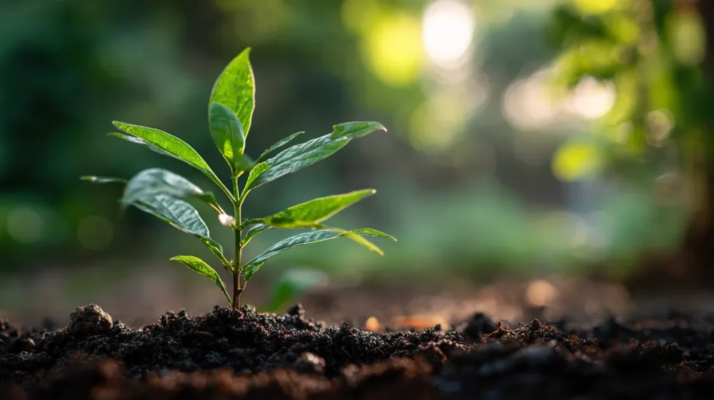 작은 씨앗에서 튼튼한 나무로 성장하는 과정을 담은 이미지, 고진감래의 인내와 성장 상징