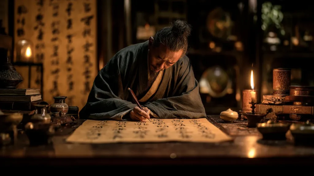 촛불 아래 시경을 읽으며 공부하는 고대 학자 - 일취월장의 유래와 성실한 배움의 자세