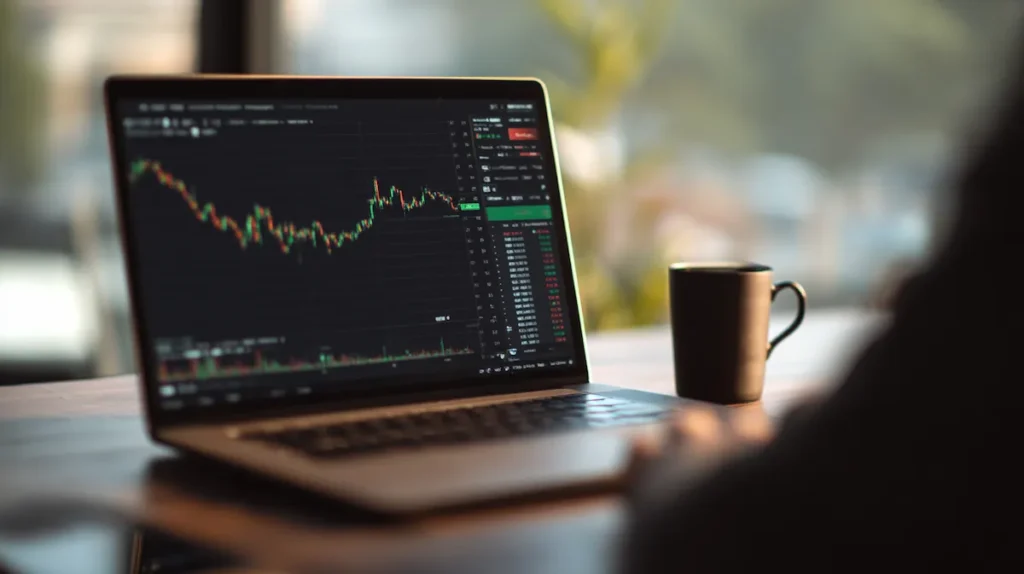 주식 투자 수익 실현을 고민하는 투자자, 매도 버튼 앞에서 확실한 이익 확정을 결정하는 순간