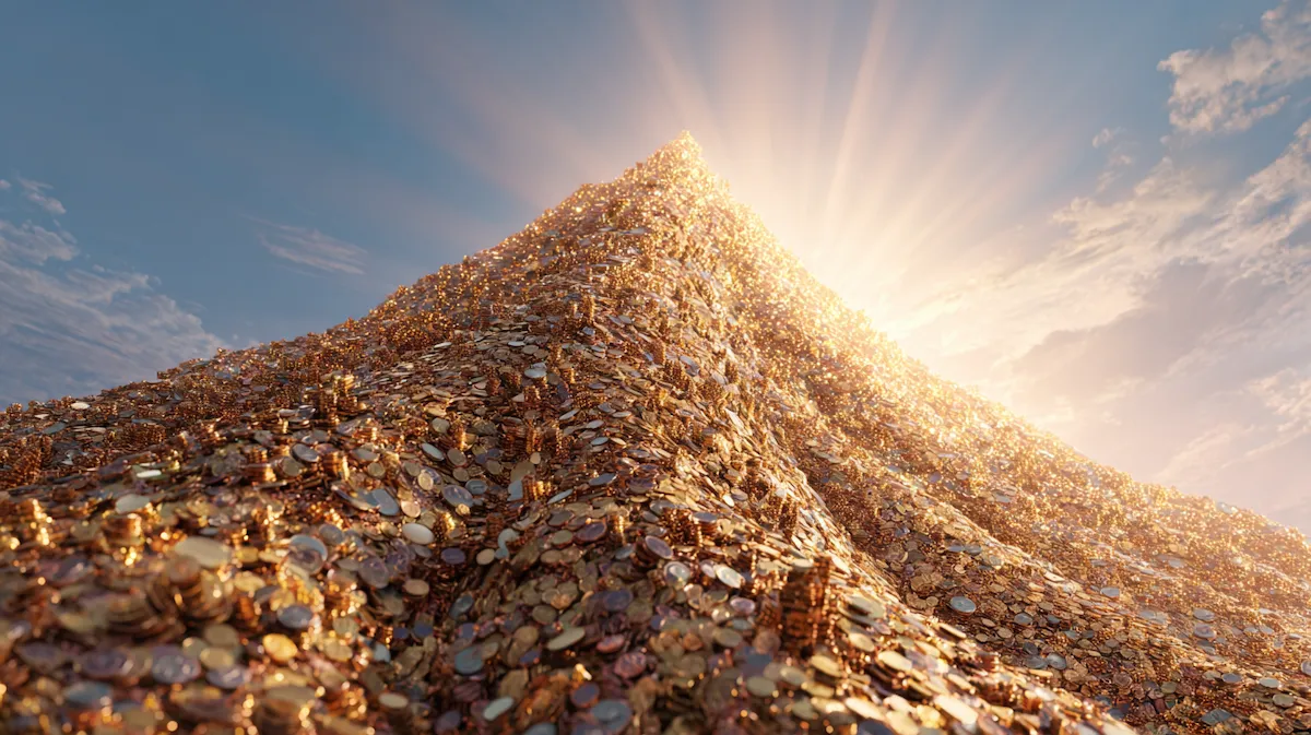 작은 동전들이 모여 거대한 산을 이루는 모습 - 티끌 모아 태산 속담의 복리 효과 시각화