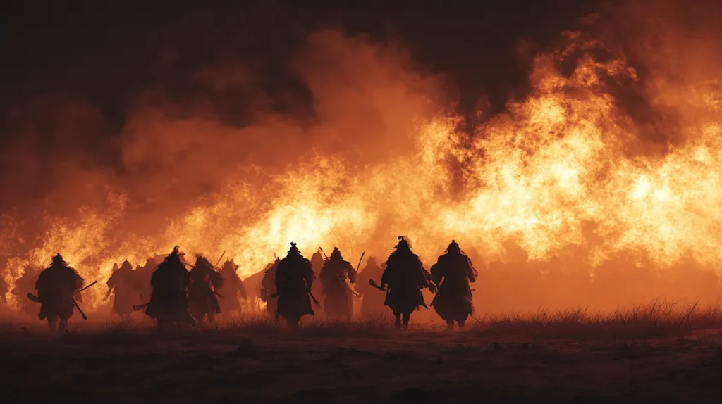 반초가 36명의 부하를 이끌고 흉노 진영을 화공으로 기습하는 장면