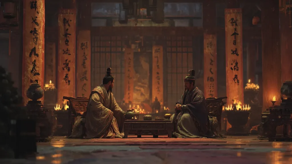 진나라 도공에게 유비무환의 지혜를 간언하는 신하 위강의 모습, 춘추좌씨전 고사 재현