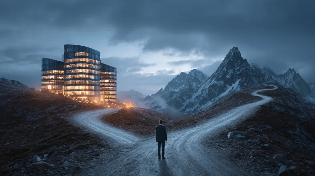 안정적인 직장과 도전적인 길 사이에서 결단을 내리는 현대 직장인의 모습