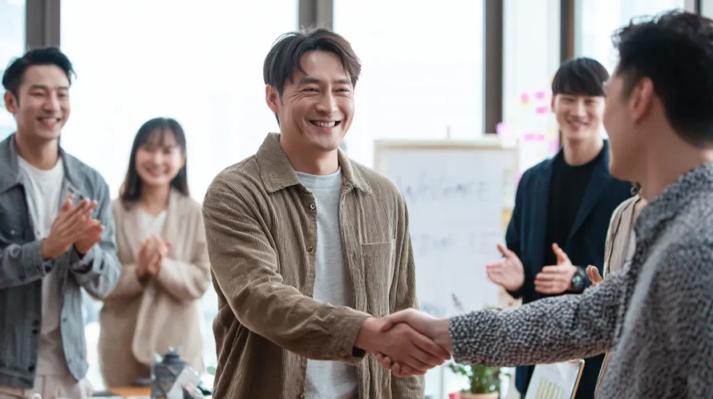 신입사원을 따뜻하게 환영하며 동고동락의 파트너십을 시작하는 팀의 모습