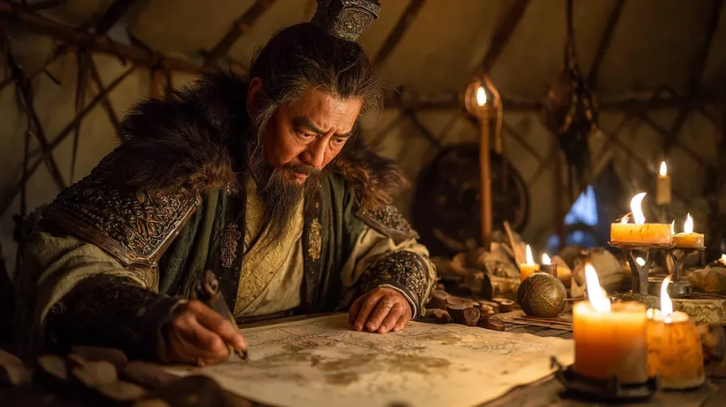 촛불 아래에서 전술을 연구하고 기상 조건을 파악하는 장군의 모습
