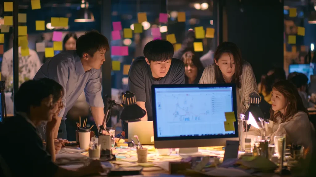 야근하며 프로젝트를 함께 해결하는 팀원들의 동고동락 실천 모습