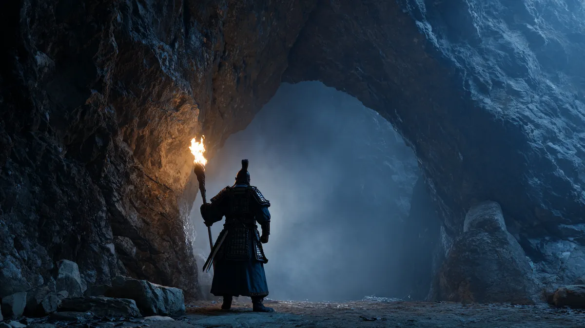 호랑이 굴 입구에 서서 횃불을 든 한나라 시대 장군의 모습