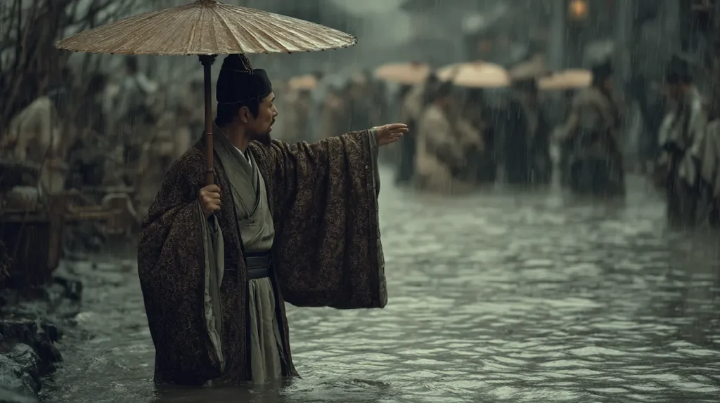 백성의 고통을 자신의 책임으로 여기는 우임금의 모습을 재현한 역사적 장면