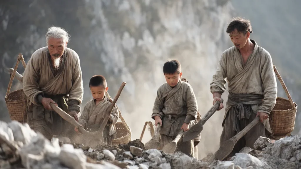 우공 노인과 아들, 손자가 함께 산의 흙을 지게에 담아 나르는 장면