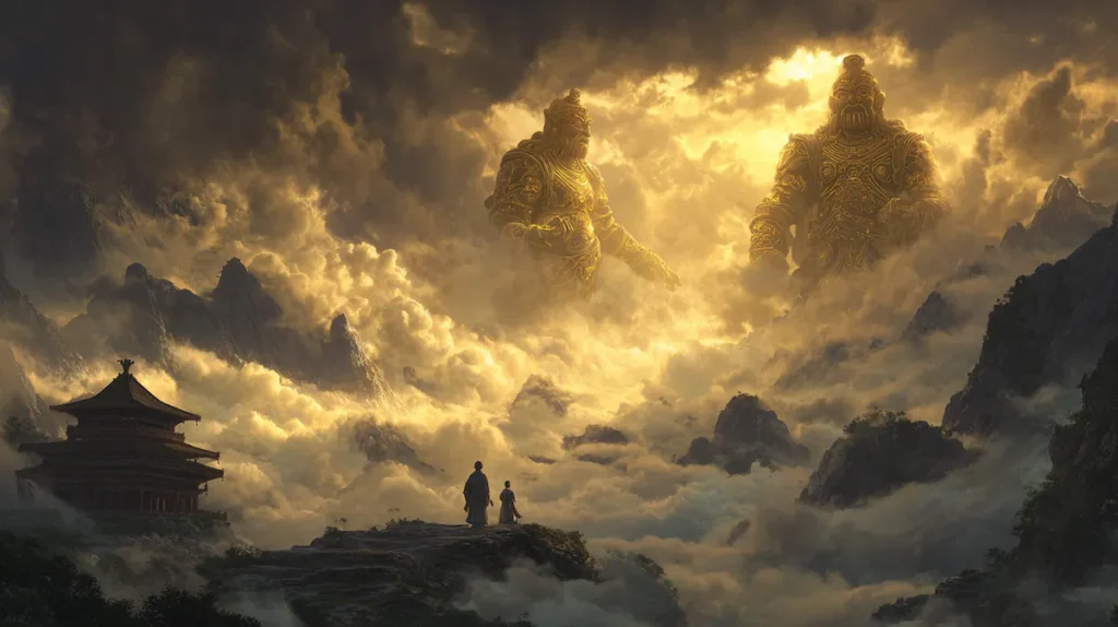 우공의 정성에 감동한 천제가 신의 아들들을 보내 두 산을 옮기는 장면