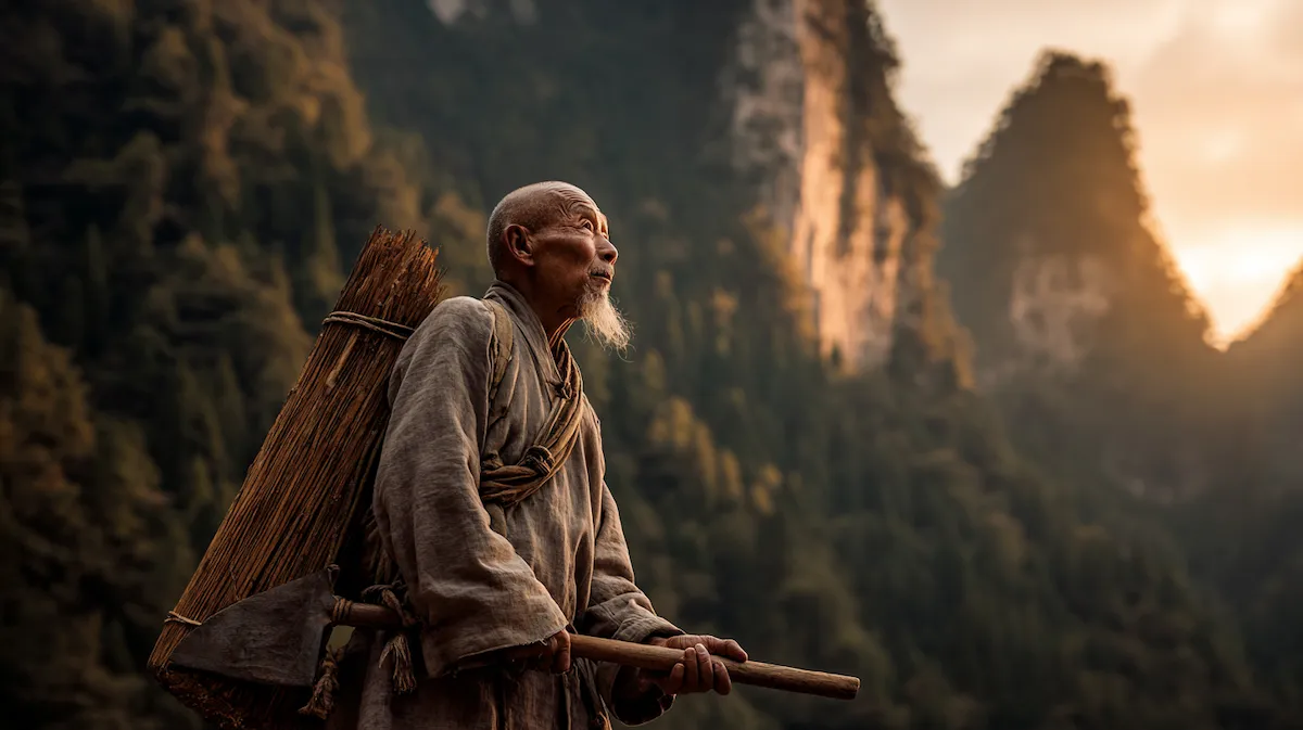 거대한 두 산 앞에서 지게를 지고 첫 삽을 드는 우공 노인의 모습